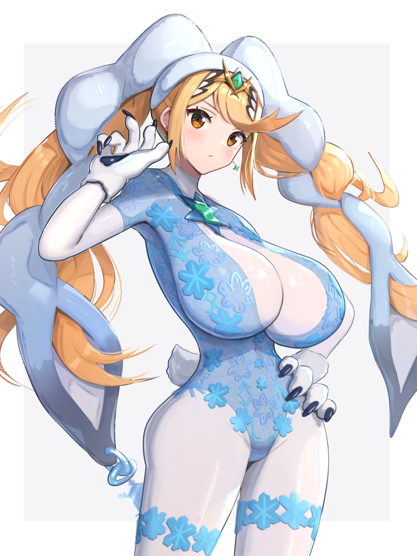 1girl absurdres alternate_costume alternate_hairstyle animal_costume animal_ears animal_hands blonde_hair blush bodysuit braid breasts chest_jewel commentary_request cosplay dahlia_(xenoblade) dahlia_(xenoblade)_(cosplay) earrings fake_tail gonzarez highres jewelry large_breasts long_hair looking_at_viewer mythra_(xenoblade) open_mouth rabbit_costume rabbit_ears rabbit_tail simple_background smile solo swept_bangs tail twin_braids very_long_hair white_background white_bodysuit xenoblade_chronicles_(series) xenoblade_chronicles_2 yellow_eyes