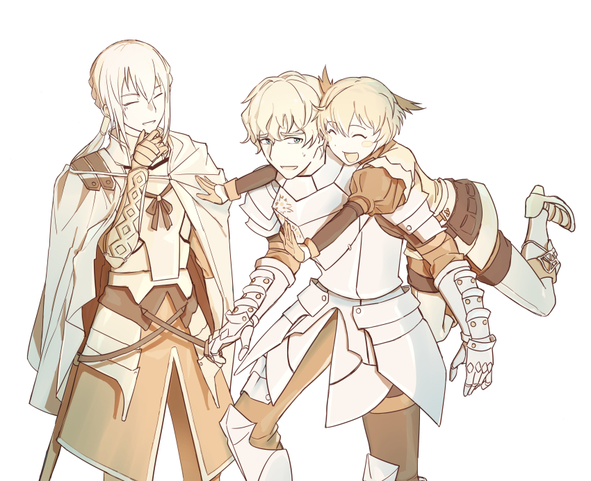 1girl 2boys absurdres armor bedivere_(fate) blush_stickers breastplate brother_and_sister cape closed_eyes commentary_request fate/grand_order fate_(series) gareth_(fate) gauntlets gawain_(fate) gs_presents hair_between_eyes hair_tubes height_difference highres hug hug_from_behind knight knights_of_the_round_table_(fate) long_hair looking_at_another multicolored_hair multiple_boys open_mouth plackart ponytail short_hair siblings simple_background smile streaked_hair sweatdrop white_background