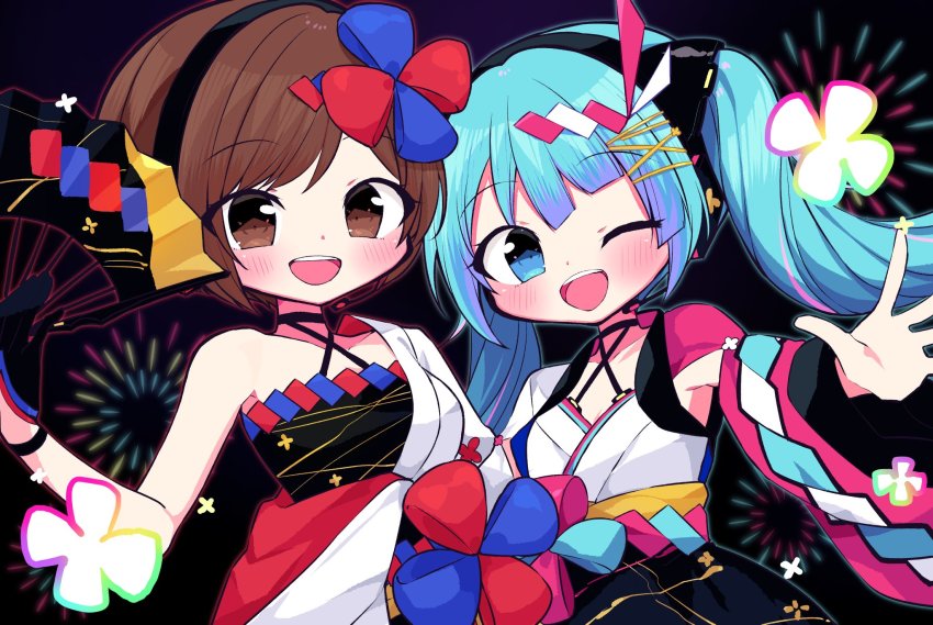 2girls aqua_hair bare_shoulders black_background blunt_bangs blush bow brown_eyes brown_hair commentary criss-cross_halter folding_fan hair_bow hair_ornament halterneck hand_fan hatsune_miku highres holding holding_fan japanese_clothes kasaki_sakura kimono long_hair looking_at_viewer magical_mirai_(vocaloid) magical_mirai_meiko magical_mirai_meiko_(2020_summer) magical_mirai_miku magical_mirai_miku_(2020_summer) meiko_(vocaloid) multiple_girls one_eye_closed open_mouth outstretched_arm pink_sleeves side-by-side single_sleeve smile twintails upper_body very_long_hair vocaloid white_kimono wide_sleeves yukata