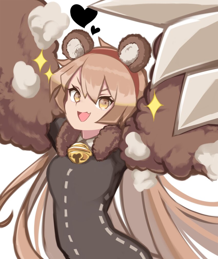 1girl :d an_apple_akaao animal_ears animal_hands arms_up bear_ears bear_paws bell black_bodysuit bodysuit brown_eyes brown_hair claws collared_shirt e.g.o_(project_moon) fang fur_collar hairband heart highres library_of_ruina long_hair looking_at_viewer male_focus malkuth_(project_moon) neck_bell open_mouth paw_sleeves project_moon red_hairband shirt simple_background skin_fang smile solo standing stuffing the_forgotten_(e.g.o) white_background