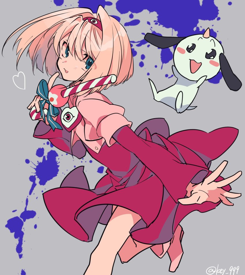 00s 1girl aqua_eyes blonde_hair blush_stickers candy candy_cane dai_mahou_touge dress eyebrows female_focus finger_to_mouth food grey_background hair_between_eyes hairband heart highres holding horns looking_at_viewer mochizuki_kei open_mouth outstretched_arm paint_splatter paya-tan short_hair single_horn solo staff standing standing_on_one_leg tanaka_punie twitter_username yamada_kei