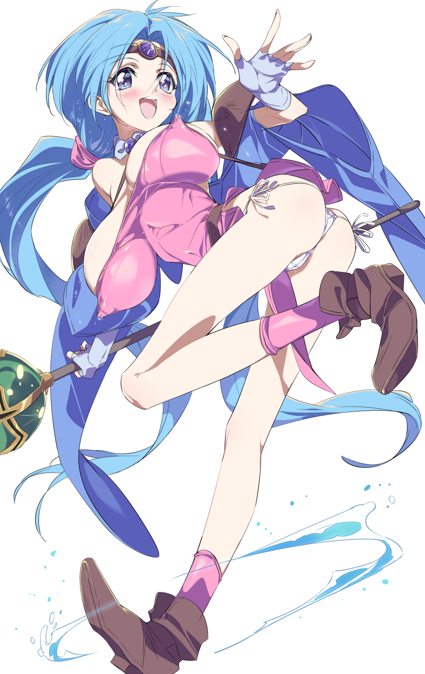 1girl absurdly_detailed_composition absurdres blue_eyes blue_hair blush bouncing_breasts breasts circlet cleavage covered_erect_nipples detached_collar fingerless_gloves gloves haou_taikei_ryuu_knight highres holding holding_staff large_breasts long_hair looking_at_viewer low_twintails niko_(tama) open_mouth paffy_pafuricia panties pink_socks purple_eyes simple_background smile socks solo staff twintails underwear very_long_hair white_background white_panties
