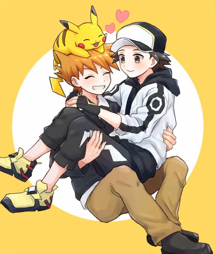 2boys black_footwear black_gloves black_headwear black_pants blue_jacket blue_oak brown_pants closed_eyes closed_mouth commentary_request fingerless_gloves gen_1_pokemon gloves grin hat heart highres hood hood_down jacket male_focus mochi_(mocchi_p_2m) multiple_boys nintendo official_alternate_costume on_head pants pikachu pokemon pokemon_(creature) pokemon_hgss pokemon_masters_ex pokemon_on_head red_(pokemon) red_(sygna_suit)_(thunderbolt)_(pokemon) shirt shoes smile teeth yellow_shoes