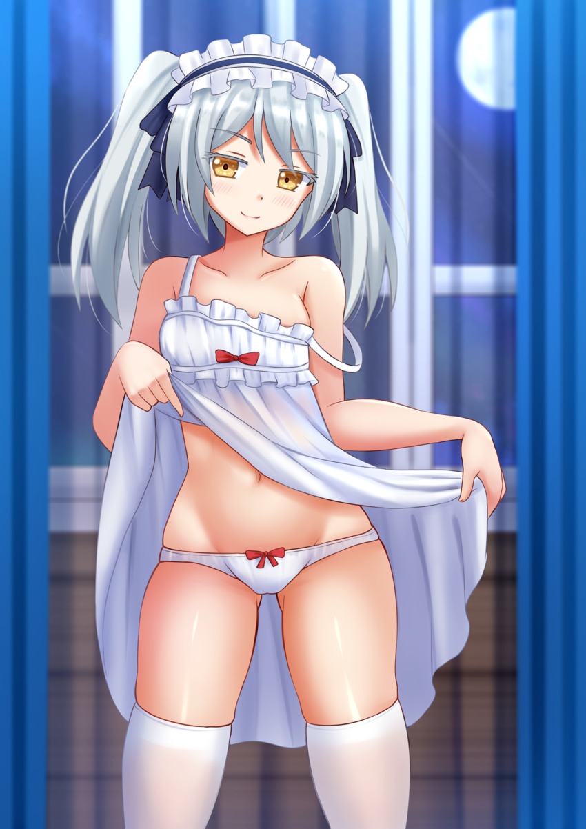 1girl bare_arms bare_shoulders blush bow bow_panties breasts closed_mouth clothes_lift collarbone cowboy_shot curtains dress dress_bow dress_lift female_focus frills full_moon head_tilt highres indoors isekai_wa_smartphone_to_tomo_ni. kazenokaze leen_(isekai_wa_smartphone_to_tomo_ni.) legs_apart lifting_own_clothes lips long_hair looking_at_viewer maid_headdress moon navel night panties red_bow shiny_skin silver_hair skindentation small_breasts smile solo strap_slip sundress thighhighs thighs twintails underwear white_dress white_panties white_thighhighs yellow_eyes