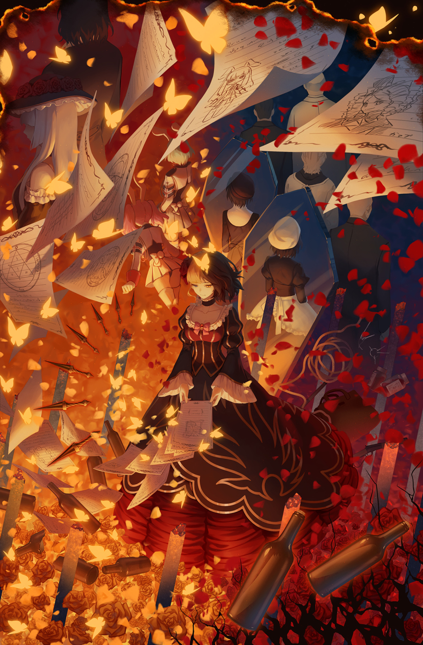aluce animal_ears arrow_(symbol) beatrice_(umineko) blonde_hair blue_eyes book bottle broken_glass brown_hair bug butterfly chiester00 chiester410 chiester45 chiester_sisters dress duplicate fire flower gaap_(umineko) glass gun hat highres holding holding_book insect jewelry kanon_(umineko) letter long_hair looking_down mirror paper petals pixel-perfect_duplicate rabbit_ears rabbit_tail reflection ronove_(umineko) rope sad shannon_(umineko) short_hair spoilers transformation umineko_no_naku_koro_ni virgilia_(umineko) weapon witch