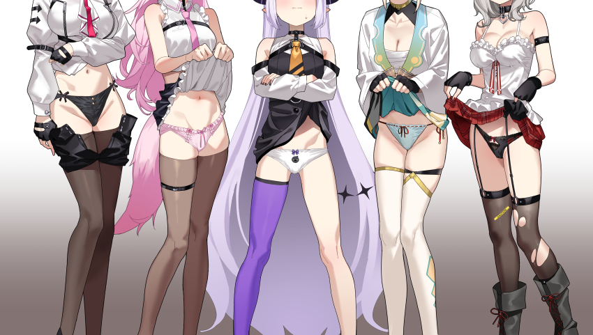5girls absurdres arm_strap ascot bare_arms black_boots black_collar black_dress black_gloves black_horns black_nails black_panties black_shorts black_skirt black_thighhighs blonde_hair blue_skirt boots bow bow_panties breast_zipper breasts brown_thighhighs camisole character_print chest_belt chest_sarashi cleavage closed_mouth clothes_lift clothes_pull collar collared_dress collared_shirt commentary_request cropped_shirt crossed_arms crow_(la+_darknesss) demon_girl demon_horns demon_tail detached_sleeves dress dress_lift dress_shirt facing_viewer fingerless_gloves fold-over_boots frilled_camisole frilled_panties frilled_shirt frills garter_straps gloves gradient_background green_panties grey_background grey_hair hakama hakama_short_skirt hakama_skirt hakui_koyori hakui_koyori_(1st_costume) haori head_out_of_frame heart_pendant highleg highleg_panties highres hololive holox horns japanese_clothes kazama_iroha kazama_iroha_(1st_costume) kuroi_suna la+_darknesss la+_darknesss_(1st_costume) lace lace-trimmed_panties lace-up_boots lace_trim legs_apart long_hair long_sleeves looking_at_viewer medium_breasts medium_hair miniskirt multiple_girls nail_polish navel necktie over-kneehighs panties pendant_collar pink_hair pink_necktie pink_panties plaid_clothes plaid_skirt pleated_skirt pointy_ears print_panties puffy_long_sleeves puffy_sleeves purple_hair purple_thighhighs red_necktie red_skirt sakamata_chloe sakamata_chloe_(1st_costume) sarashi shirt short_dress short_hair shorts shorts_pull simple_background single_thighhigh skirt skirt_lift sleeve_garter sleeveless sleeveless_dress sleeveless_shirt standing striped_horns tabi tail takane_lui takane_lui_(1st_costume) thigh_strap thighhighs torn_clothes torn_thighhighs underwear very_long_hair virtual_youtuber wavy_hair white_ascot white_background white_camisole white_haori white_panties white_shirt white_sleeves white_thighhighs wolf_girl wolf_tail yellow_necktie