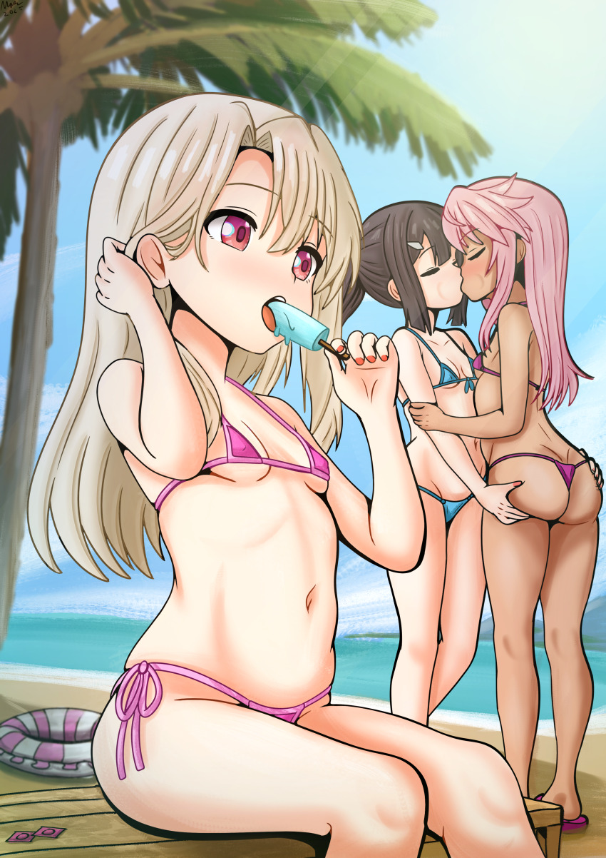 3girls absurdres back beach bikini black_hair blonde_hair blue_bikini blush breasts chloe_von_einzbern cleavage closed_eyes condom condom_wrapper dark-skinned_female dark_skin dimples_of_venus fate/kaleid_liner_prisma_illya fate_(series) food grabbing_another&#039;s_arm grabbing_another&#039;s_ass groin groping highres huge_filesize ice_cream illyasviel_von_einzbern kaschmatz kiss kodomo_doushi lifebuoy loli long_hair micro_bikini miyu_edelfelt multiple_girls navel ocean open_mouth outdoors pink_hair purple_bikini red_eyes sand sexually_suggestive side-tie_bikini_bottom sideboob sidelocks sitting small_breasts stomach swim_ring swimsuit thighs thong thong_bikini tongue underboob water yuri