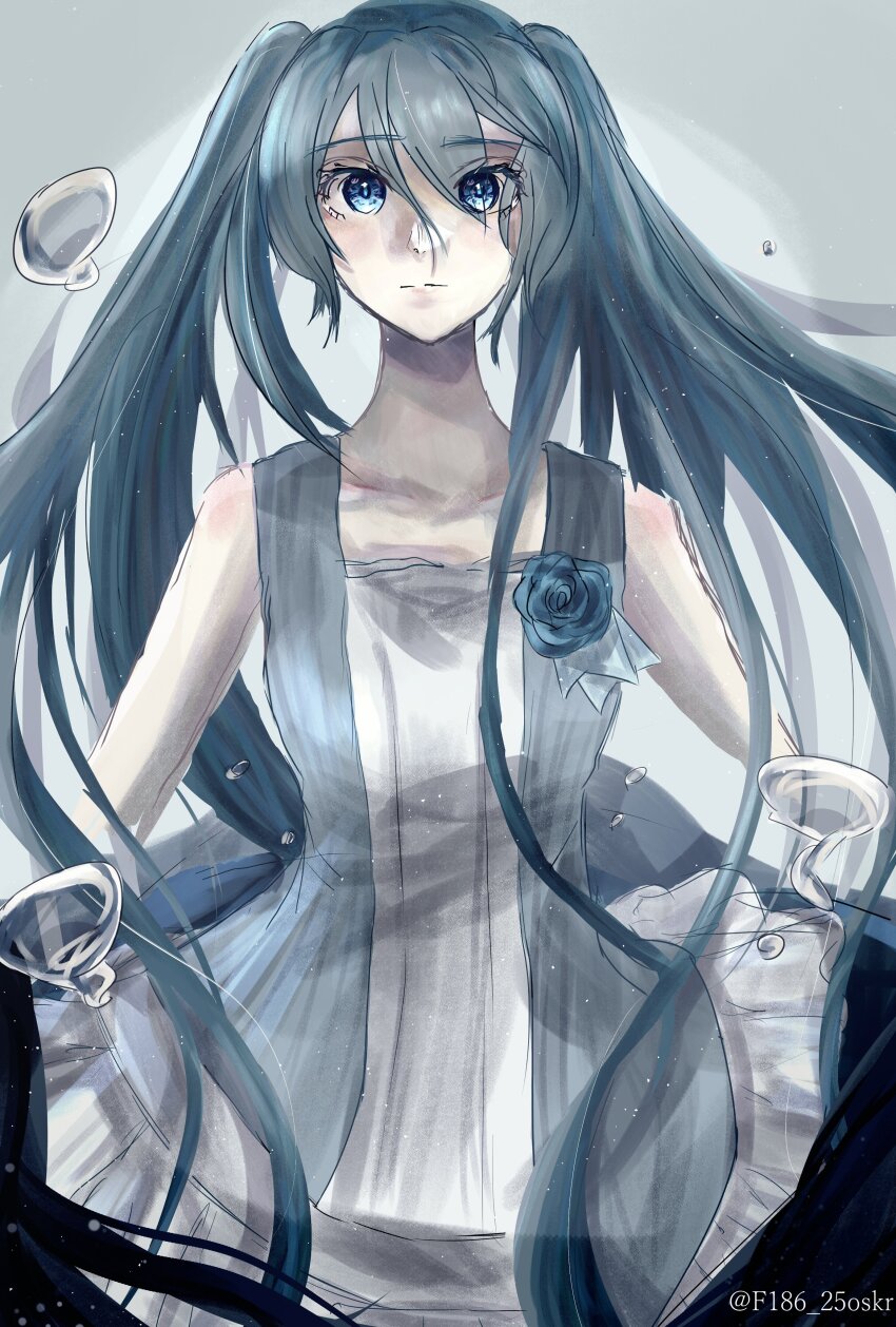 absurdres aqua_eyes aqua_hair bare_shoulders blue_flower blue_rose bubble collarbone dress dress_flower evillious_nendaiki flower freetle frilled_dress frills hatsune_miku highres light_blue_dress long_hair looking_at_viewer margarita_blankenheim nemurase_hime_kara_no_okurimono_(vocaloid) pale_skin rose twintails very_long_hair vocaloid