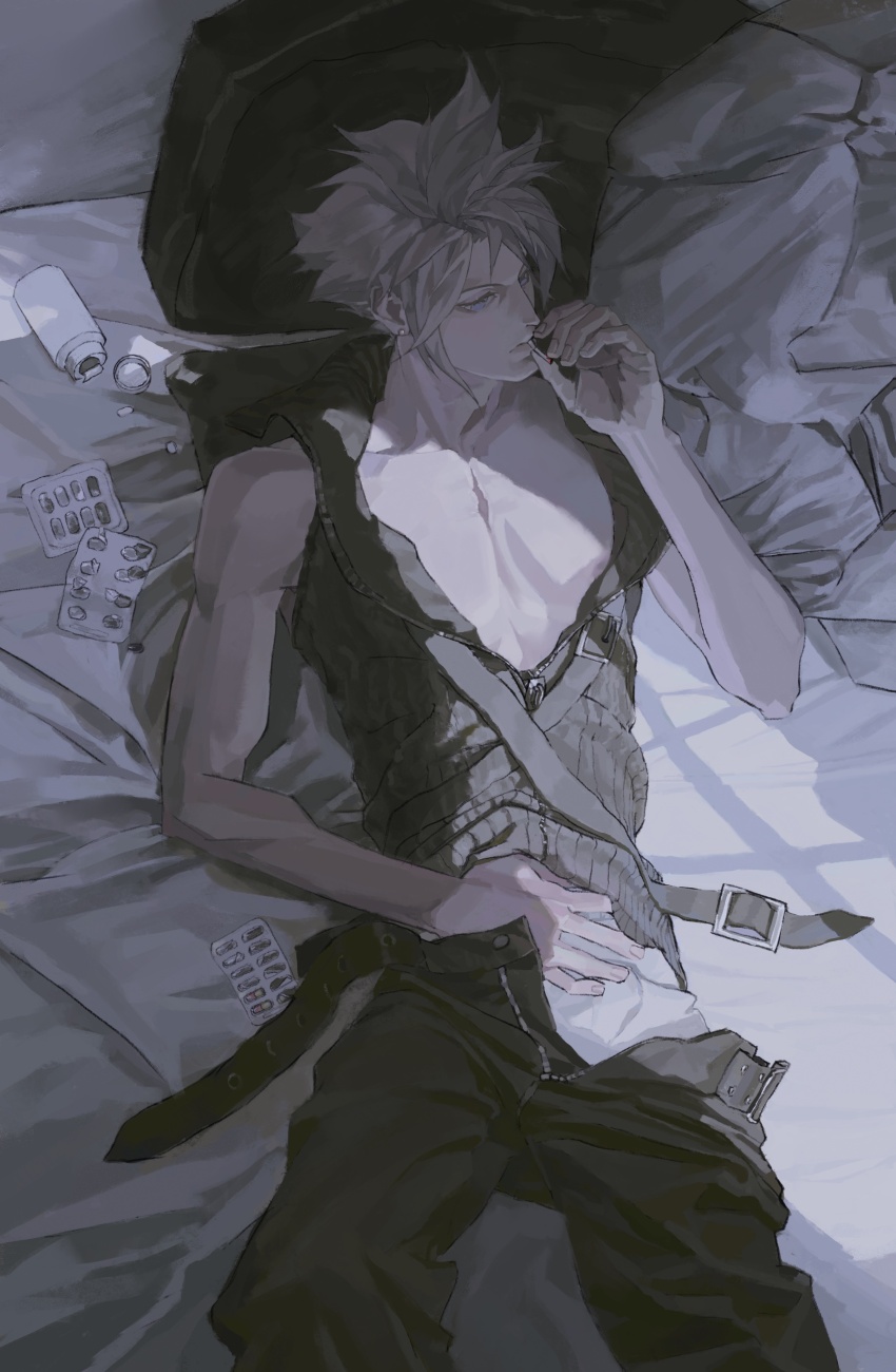 1boy absurdres belt black_belt blister_pack blonde_hair blue_eyes cigarette cloud_strife drugs earrings final_fantasy final_fantasy_vii final_fantasy_vii_advent_children hand_on_own_stomach highres holding holding_cigarette jewelry lying male_focus medicine on_back on_bed open_belt partially_unzipped pill pill_bottle shadow single_earring smoking spiked_hair sssinthome unbuttoned