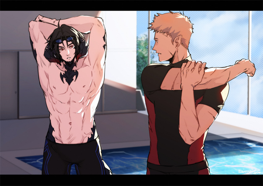 2boys armpits au_ra black_hair blonde_hair elezen elf final_fantasy final_fantasy_xiv horns male_focus multiple_boys muscular muscular_male nipples pectorals pointy_ears pool ranier_layarte red_eyes swimsuit topless_male xaela