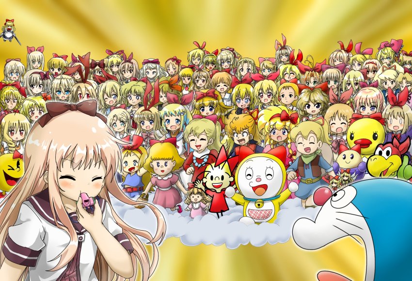 ^_^ absolutely_everyone absurdly_detailed_composition aino_minako antenna_hair arms_at_sides blonde_hair blue_eyes bow braid castlevania:_rondo_of_blood castlevania_(series) character_request closed_eyes copyright_request crossover doraemon doraemon_(character) dorami dragon_ball dust_cloud earthbound_(series) embodiment_of_scarlet_devil everyone flonne gundam hand_on_own_hip hayate_no_gotoku! highres hoshimiya_ichigo hourai_doll long_hair look-alike lunch_(bad)_(dragon_ball) lunch_(dragon_ball) marihei64ds mario_(series) mega_man_(series) mega_man_star_force_(series) ms._pac-man multiple_girls neck_bell nintendo pac-man_(game) paper_mario paper_mario_64 paula_(mother_2) ponytail red_bow red_eyes rumia running_towards_viewer saint_seiya saint_seiya_omega school_uniform shanghai_doll tennousu_athena toshinou_kyouko touhou trait_connection very_long_hair whiskers whistle yamada_elf yellow_background