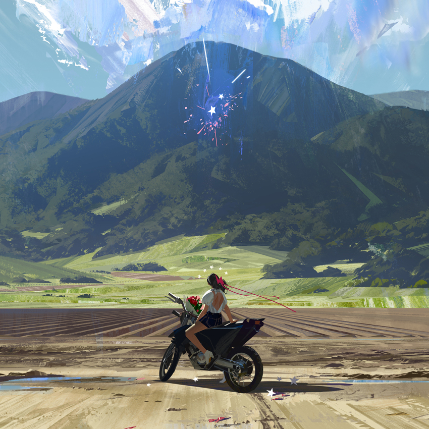1girl black_hair blue_sky cloud cloudy_sky day foliage from_behind glowing grass highres jacki_li motor_vehicle motorcycle mountain original outdoors riding scenery shirt shoes shorts sitting sky soil solo star_(symbol)