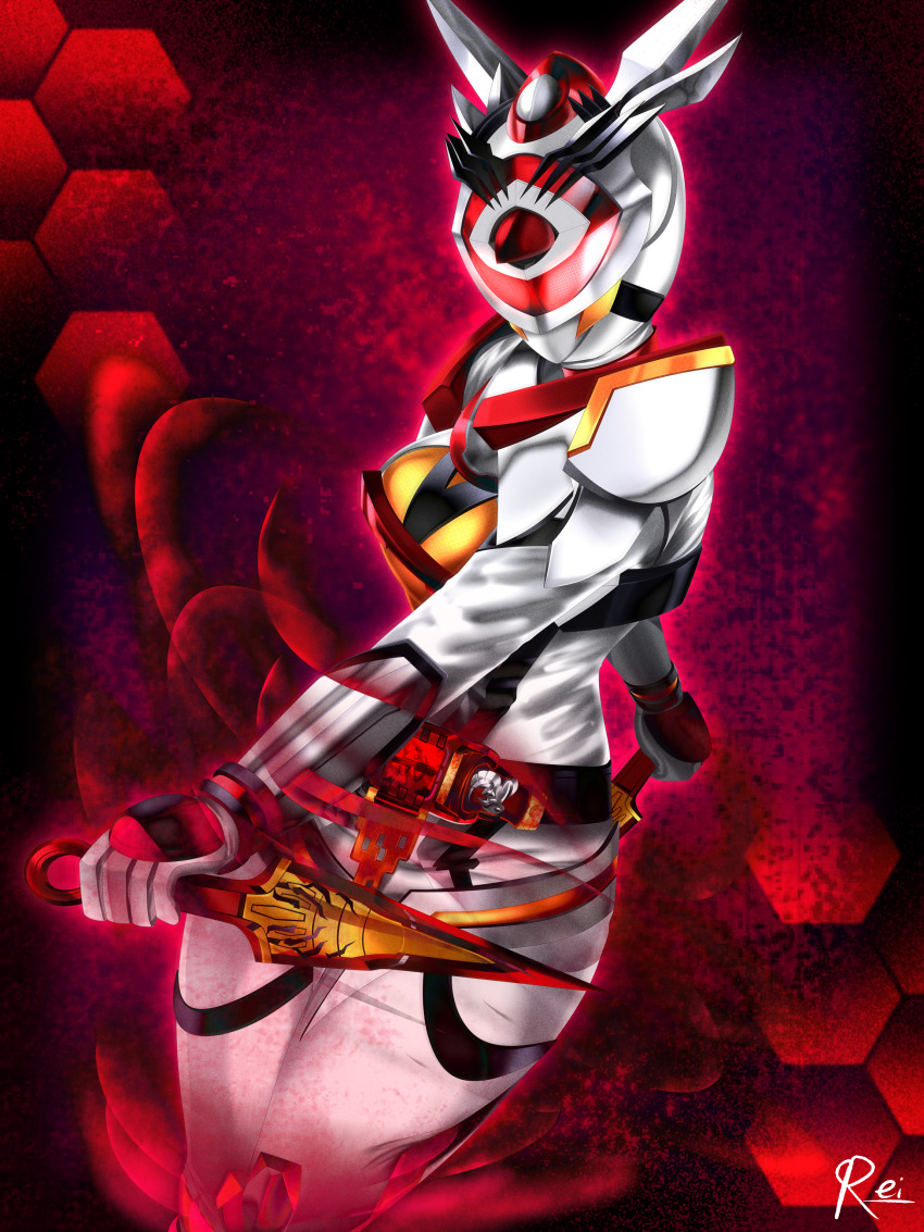 1girl absurdres antennae armor belt breastplate rider_belt dual_wielding highres holding kamen_rider kamen_rider_aguilera kamen_rider_revice kunai queen_bee_genome reiei_8 tokusatsu vistamp weapon