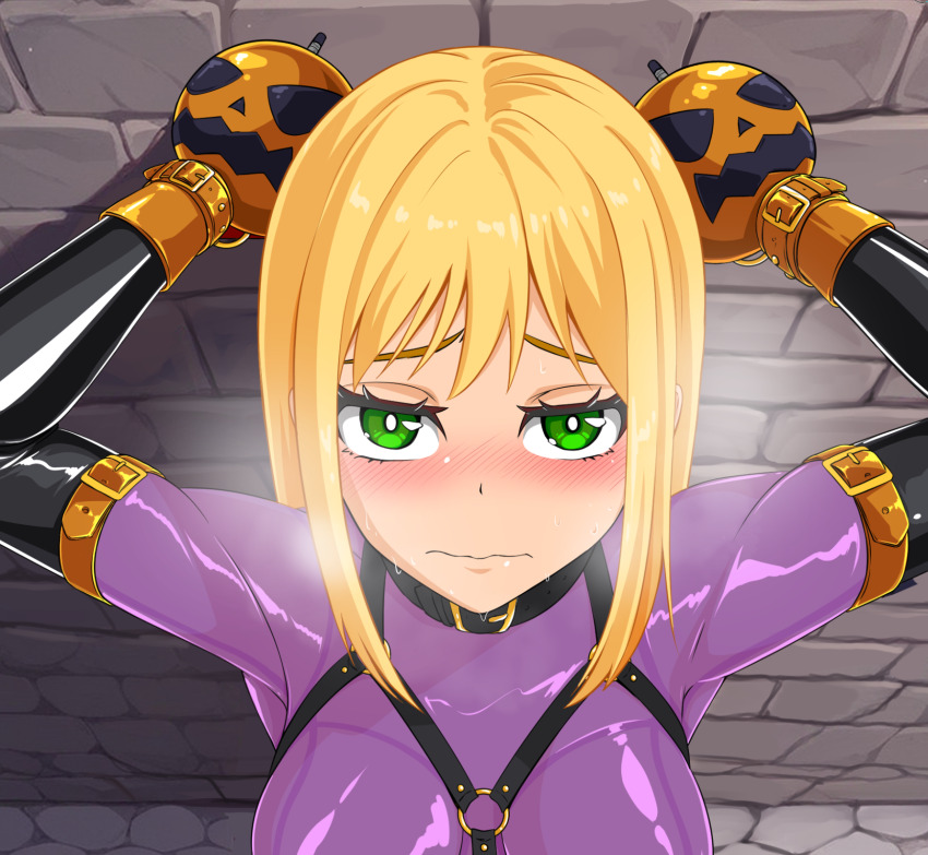 1girl blonde_hair blush bodysuit bondage_mittens elbow_gloves gloves green_eyes halloween harness highres jack-o&#039;-lantern_print latex latex_bodysuit looking_at_viewer original purple_bodysuit skin_tight solo sweat tamakko variant_set wavy_mouth