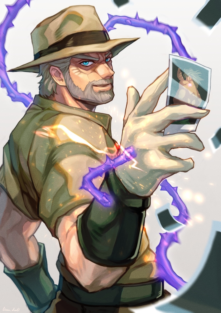 1boy beard between_fingers blue_eyes brown_hat brown_pants brown_shirt commentary_request dio_brando dio_brando&#039;s_pose_(jojo) electricity facial_hair fedora florakinesis foreshortening from_side gloves grey_hair hat hermit_purple highres holding jojo_no_kimyou_na_bouken jojo_pose joseph_joestar joseph_joestar_(old) looking_at_viewer male_focus old old_man pants parted_lips photo_(object) shikabane_(draw_tadao14) shirt short_hair short_sleeves sideburns smile solo stand_(jojo) stardust_crusaders teeth upper_body v-shaped_eyebrows white_gloves wrinkled_skin