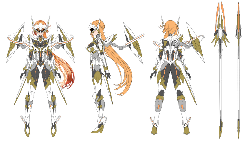 1girl absurdres anen_routia armor arms_at_sides blonde_hair bodysuit boots breasts from_behind full_body headgear high_heels highres indie_virtual_youtuber lance large_breasts long_hair looking_at_viewer mecha_musume mechanical_wings multiple_views mytea_(soso) orange_hair polearm ponytail profile reference_sheet simple_background spear standing turnaround variations very_long_hair virtual_youtuber weapon white_background wings
