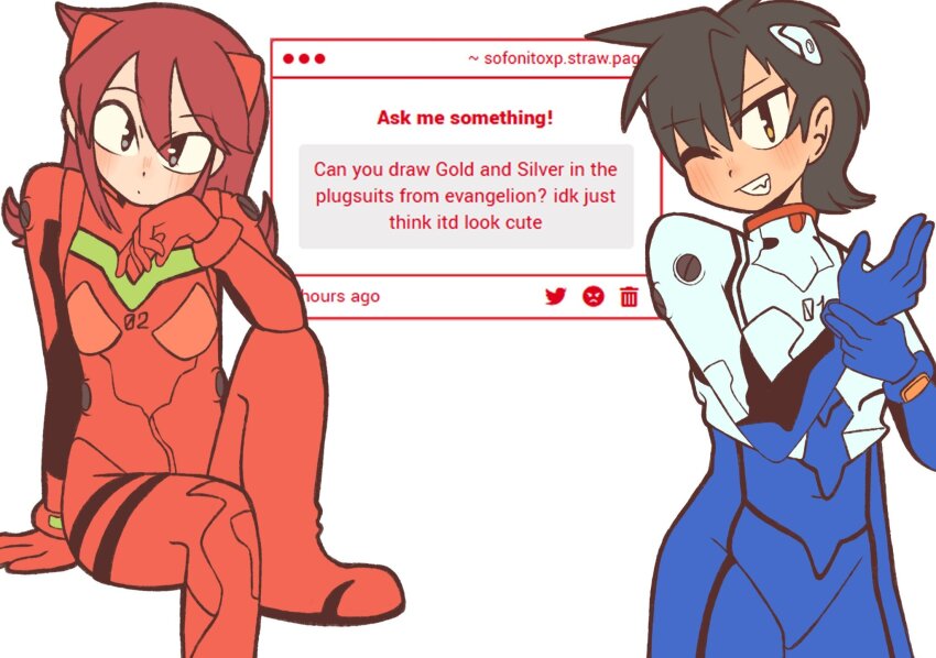 2boys ;d black_hair blush bodysuit cosplay ethan_(pokemon) game_freak grey_eyes grin hair_between_eyes hairpods highres ikari_shinji ikari_shinji_(cosplay) interface_headset_(evangelion) long_hair looking_at_viewer mecha_pilot_suit multicolored_bodysuit multiple_boys nintendo one_eye_closed open_mouth plugsuit_(evangelion) pokemon pokemon_hgss red_bodysuit red_hair short_hair sidelocks silver_(pokemon) simple_background sitting smile sofo_soup souryuu_asuka_langley souryuu_asuka_langley_(cosplay) standing white_background white_bodysuit yellow_eyes