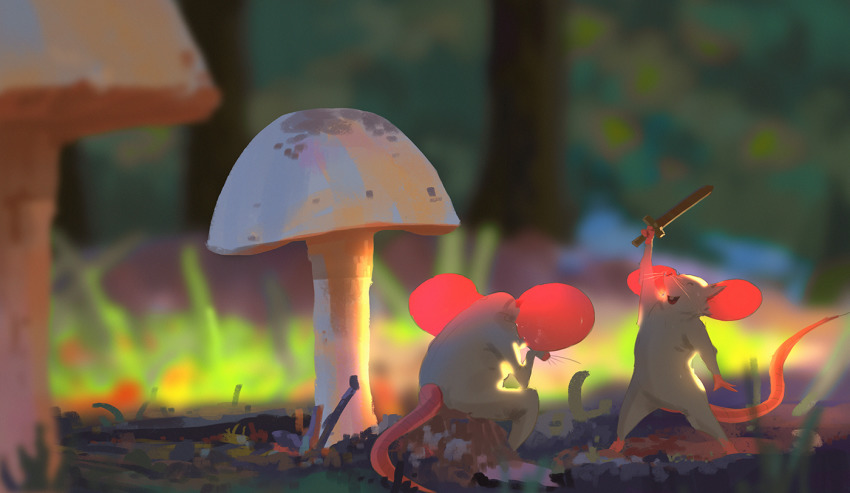 animal_focus blurry blurry_background blurry_foreground forest fungus grass mouse_(animal) nature no_humans original outdoors snatti sunlight sword tail weapon