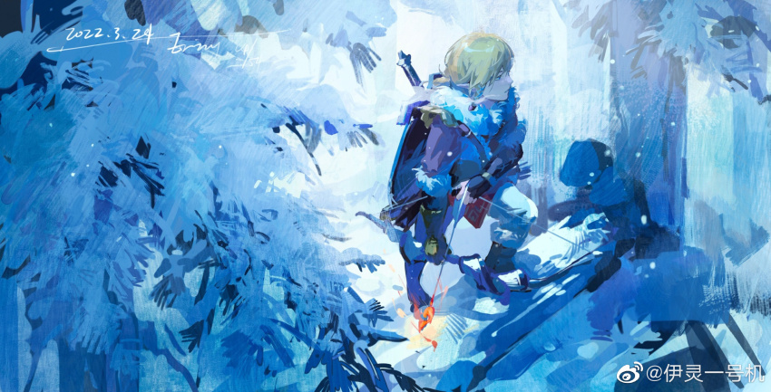 1boy arrow_(projectile) belt black_belt black_boots black_gloves black_sleeves blonde_hair blue_eyes blue_tunic boots bow_(weapon) breath chest_belt chinese_commentary commentary_request dated drawing_bow fingerless_gloves flaming_arrow forest full_body fur-trimmed_boots fur-trimmed_sleeves fur_scarf fur_trim gloves highres holding holding_arrow holding_bow_(weapon) holding_weapon layered_sleeves link log long_hair long_sleeves male_focus nature nintendo outdoors pants parted_lips pointy_ears ponytail red_sleeves scarf shield shield_on_back short_over_long_sleeves short_ponytail short_sleeves signature snow snowing solo sword sword_on_back the_legend_of_zelda the_legend_of_zelda:_breath_of_the_wild tunic watermark weapon weapon_on_back weibo_watermark white_pants white_scarf winter yi_ling_yi_hao_ji