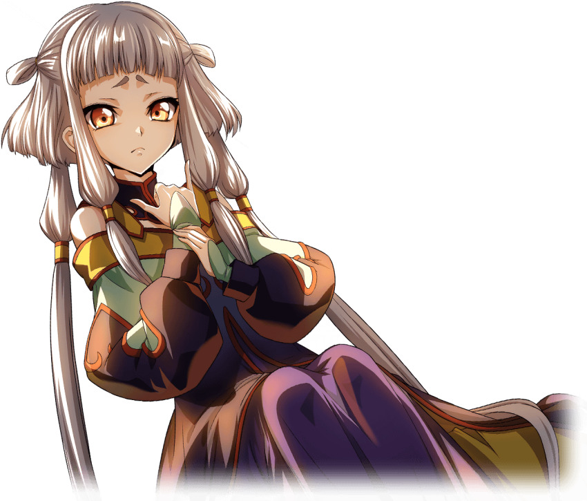 1girl artist_request bare_shoulders blunt_bangs child chinese_clothes closed_mouth code_geass code_geass:_lost_stories dress dutch_angle female_focus flat_chest game_cg hair_tubes hands_up holding_own_wrist legs_together long_hair long_sleeves looking_at_viewer m/ multicolored_dress nervous non-web_source official_art orange_eyes raised_eyebrows sidelocks simple_background sitting solo tianzi transparent_background two_side_up very_long_hair white_hair