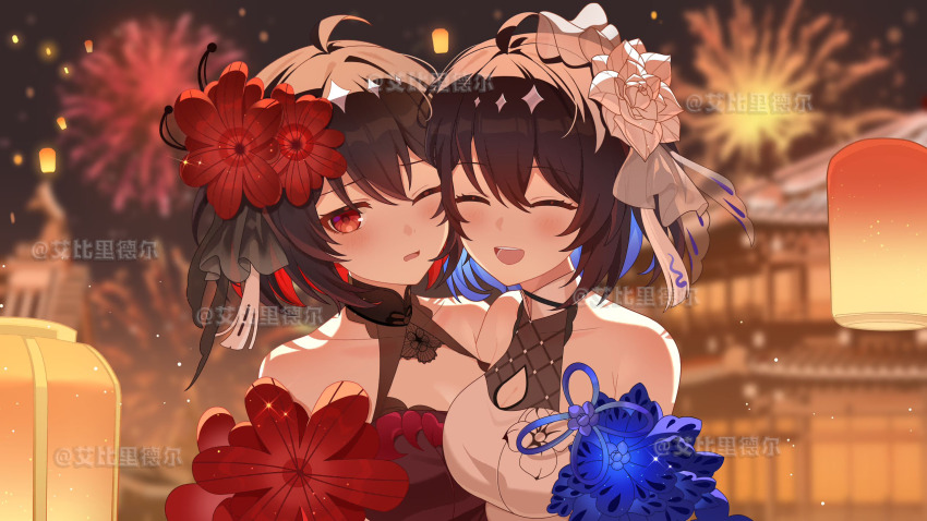 2girls abby_riddle aerial_fireworks architecture artist_name bare_shoulders black_hair blue_hair china_dress chinese_clothes closed_eyes colored_inner_hair dress east_asian_architecture fireworks flower hair_flower hair_ornament highres honkai_(series) honkai_impact_3rd lantern multicolored_hair multiple_girls night night_sky one_eye_closed open_mouth paper_lantern red_eyes red_hair seele_(alter_ego) seele_vollerei seele_vollerei_(mirrored_flourishes) seele_vollerei_(stygian_nymph) short_hair sky smile