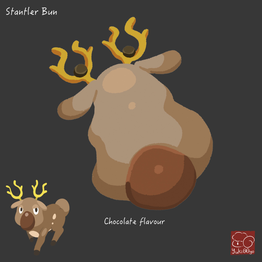 artist_logo artist_name bread character-themed_food character_name chocolate food food_focus food_name gen_2_pokemon grey_background highres logo nintendo no_humans pastry pokemon pokemon_(creature) simple_background stantler yuki00yo