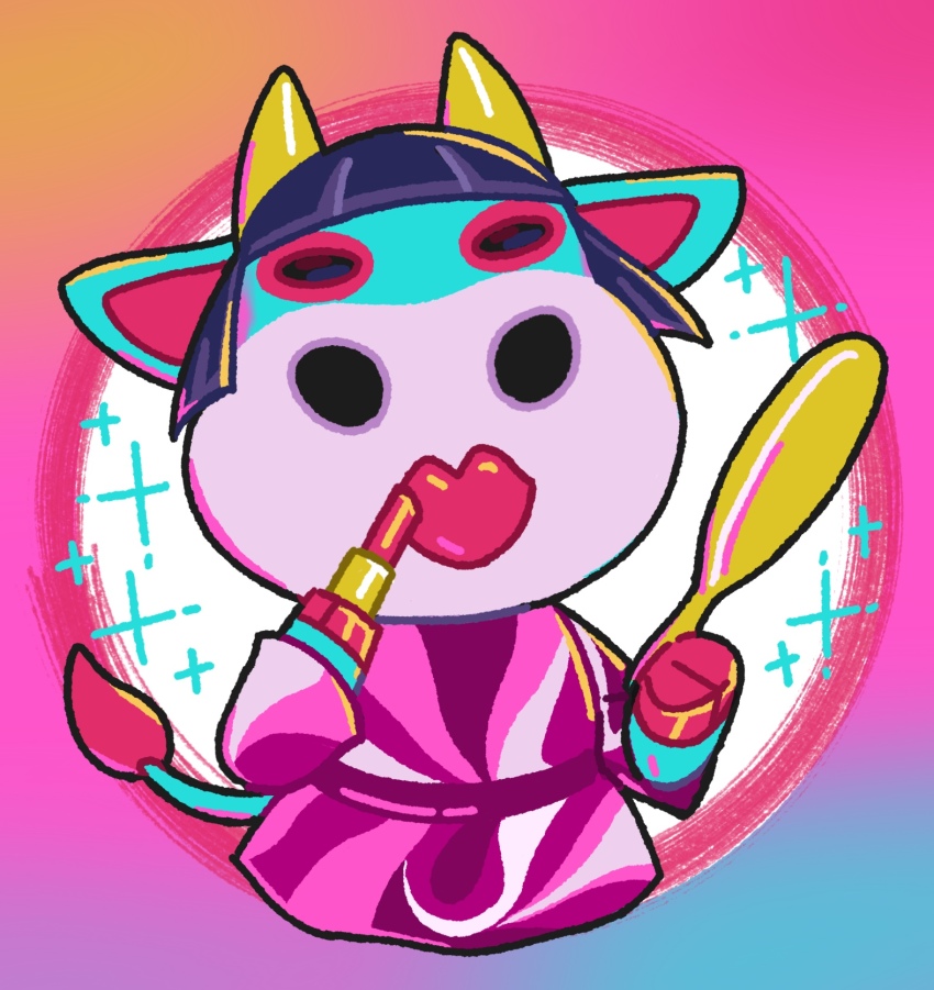 animal_crossing blue_background circle_background coat hand_mirror highres kopa_nishikida lipstick magenta_background makeup mirror naomi_(animal_crossing) nintendo sparkle