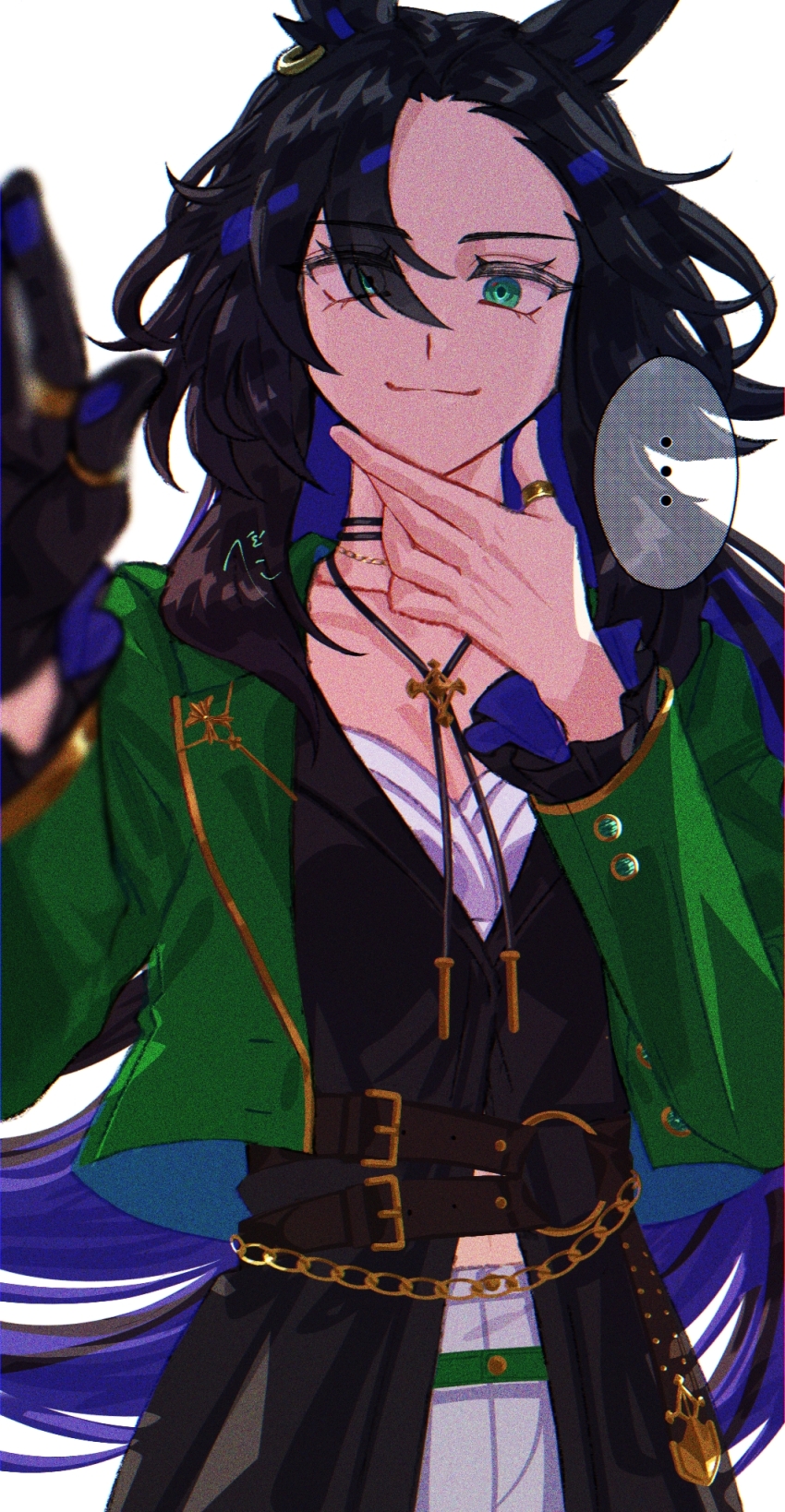 ... 1girl animal_ears belt black_shirt bolo_tie breasts brown_hair closed_mouth ear_piercing green_jacket hand_on_own_chin highres horse_ears jacket jagaimobeniko jewelry long_hair long_sleeves looking_at_viewer navel necklace o-ring o-ring_belt open_clothes open_jacket piercing ring shirt simple_background small_breasts smile solo speed_symboli_(umamusume) stroking_own_chin umamusume upper_body white_background