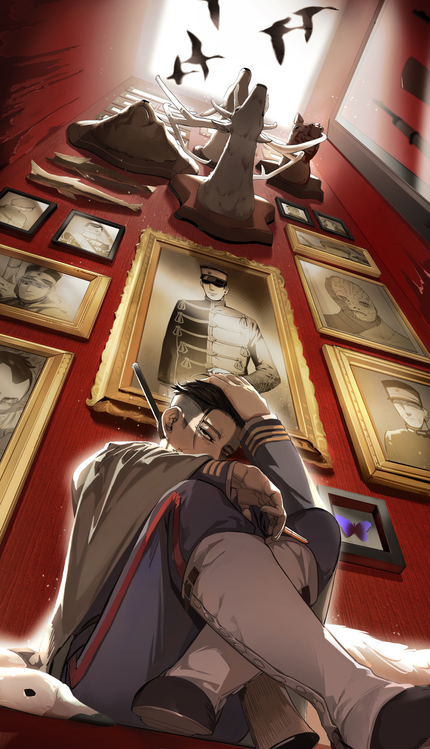 1boy absurdres arisaka bird black_eyes black_hair blue_jacket blue_pants bolt_action cape crow facial_hair facial_scar foreshortening full_body gaiters goatee golden_kamuy gun hair_slicked_back hair_strand hanazawa_yusaku hand_in_own_hair highres hood hooded_cape imperial_japanese_army jacket long_sleeves looking_at_viewer male_focus midomido military military_uniform ogata_hyakunosuke pants photo_(object) rifle scar scar_on_cheek scar_on_face short_hair sideburns sitting solo stubble undercut weapon