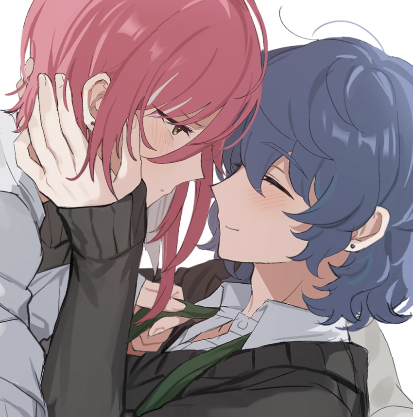 2boys ^_^ aoba_tsumugi bishounen black_sweater blue_hair close-up closed_eyes clothes_grab couple dark_blue_hair earrings ensemble_stars! face-to-face facing_another furrowed_brow green_necktie hands_on_another&#039;s_face heads_together jewelry light_blush light_frown light_smile long_sleeves looking_at_another loose_necktie male_focus medium_hair multiple_boys necktie necktie_grab neckwear_grab no_eyewear portrait profile red_hair sakasaki_natsume short_hair_with_long_locks simple_background single_sidelock sleeves_past_wrists stud_earrings sweater tsmkwa white_background yaoi