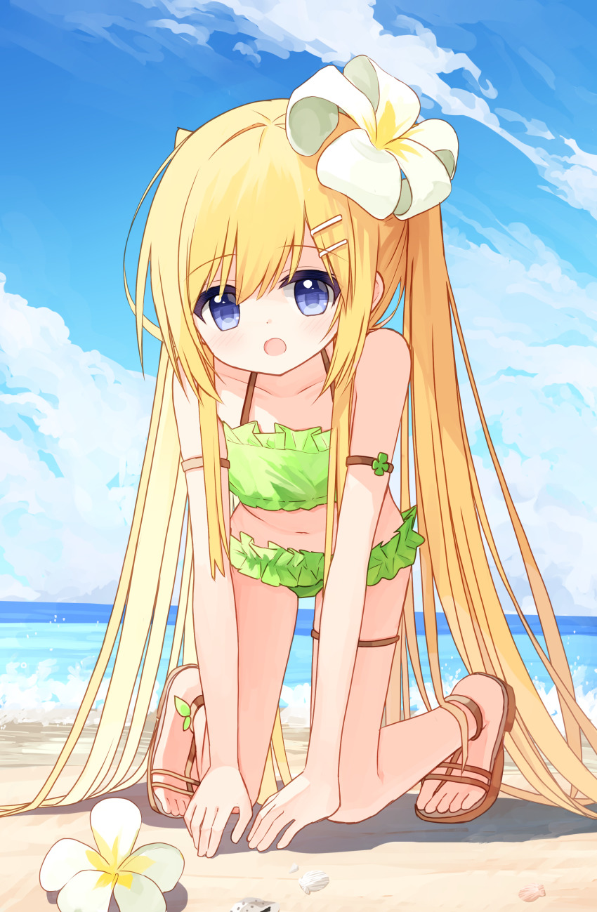 1girl :o absurdres all_fours bare_shoulders beach bikini blonde_hair blue_eyes blue_sky brown_sandals cloud collarbone day flower flower_girl_(yuuhagi_(amaretto-no-natsu)) frilled_bikini frills green_bikini hair_between_eyes hair_flower hair_ornament hairclip highres horizon long_hair navel ocean open_mouth original outdoors sand sandals sky solo swimsuit twintails very_long_hair water white_flower yuuhagi_(amaretto-no-natsu)