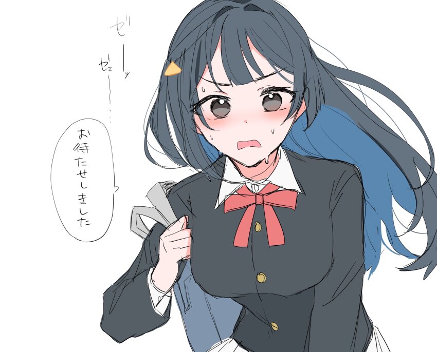 1girl bag black_hair black_jacket blush breasts collared_shirt commentary_request grey_eyes highres holding holding_bag jacket long_hair long_sleeves looking_at_viewer love_live! love_live!_nijigasaki_high_school_idol_club medium_breasts neck_ribbon nijigasaki_school_uniform open_mouth osora_dao pink_ribbon ribbon school_bag school_uniform shirt simple_background skirt solo speech_bubble sweat translation_request upper_body v-shaped_eyebrows white_shirt white_skirt winter_uniform yuki_setsuna