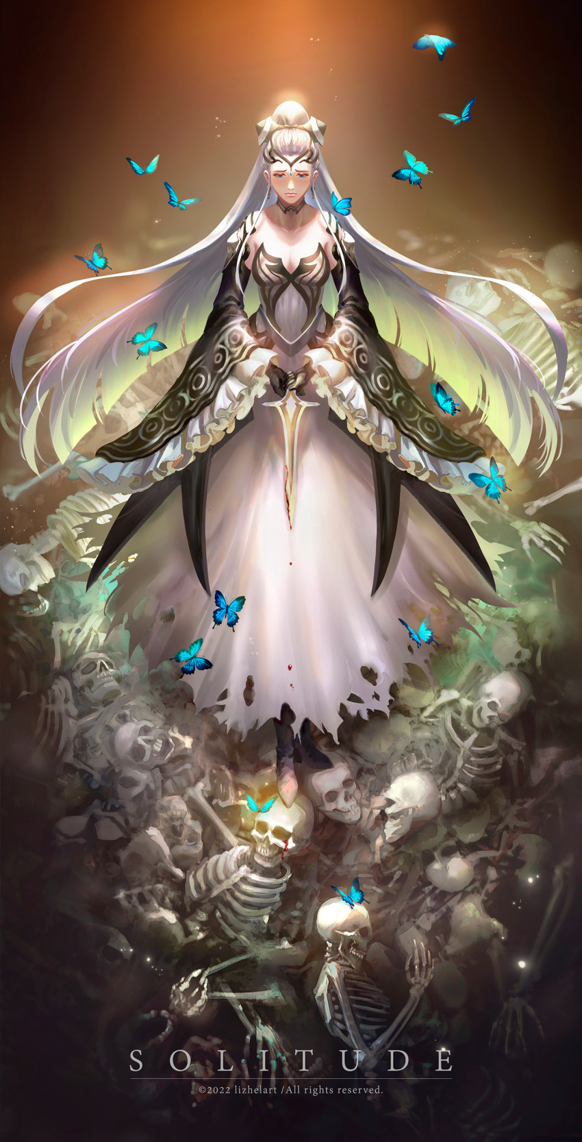1girl absurdres black_choker black_dress black_footwear black_gloves black_tiara blood blood_drip blue_eyes boots breasts bug butterfly choker cleavage dress earrings eir_(fire_emblem) fire_emblem fire_emblem_heroes frilled_sleeves frills gloves highres holding holding_knife insect jewelry knife large_breasts lizhel-art long_hair long_sleeves nintendo ponytail sidelocks skeleton tiara very_long_hair white_dress white_hair