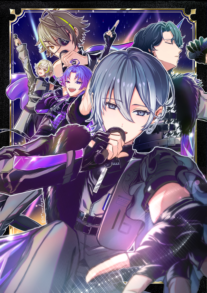 18trip 5boys absurdres ahoge arm_up black_gloves black_hair black_jacket chain closed_eyes cropped_jacket daysandayo fingerless_gloves gloves gradient_hair grey_eyes grey_hair grey_pants hachinoya_nagi hair_between_eyes hand_in_own_hair heterochromia highres holding holding_microphone houndstooth idol index_finger_raised jacket medium_hair microphone multicolored_hair multiple_boys natsume_yodaka night night_sky official_alternate_costume open_mouth outstretched_arm pants parted_bangs purple_hair shiramitsu_ryui shiramitsu_toi short_hair sky smile stage_lights streaked_hair white_hair yowa_netaro