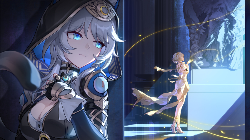 2girls absurdres aglaea_(honkai:_star_rail) animal_hood black_hood black_leotard blonde_hair breasts cat_girl cat_hood cat_tail cipher_(honkai:_star_rail) cleavage dress ears_through_hood fingerless_gloves gloves greco-roman_clothes grey_hair highres honkai:_star_rail honkai_(series) hood indoors large_breasts laurel_crown leotard medium_hair multiple_girls peeking_out statue tail via_shinan white_dress