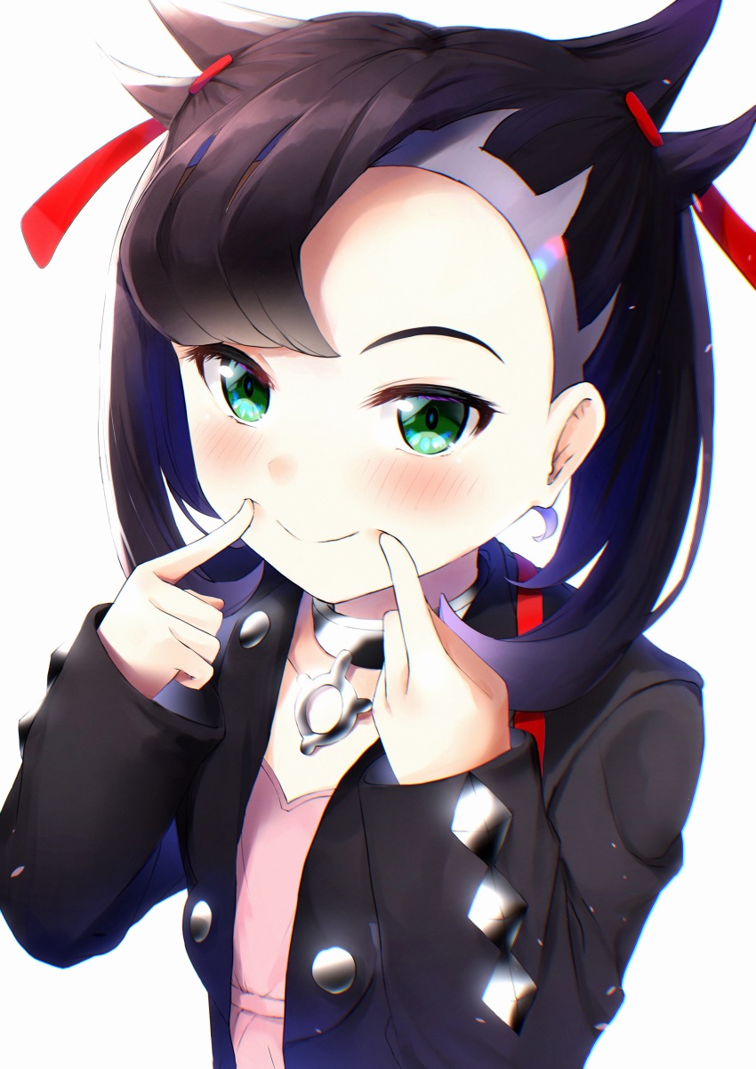 1girl absurdres asymmetrical_bangs black_hair black_jacket blush closed_mouth commentary dress eyelashes fingersmile green_eyes hair_ribbon hands_up highres honehone_(xsnk8483) jacket marnie_(pokemon) nintendo open_clothes open_jacket pink_dress pokemon pokemon_swsh red_ribbon ribbon smile solo upper_body
