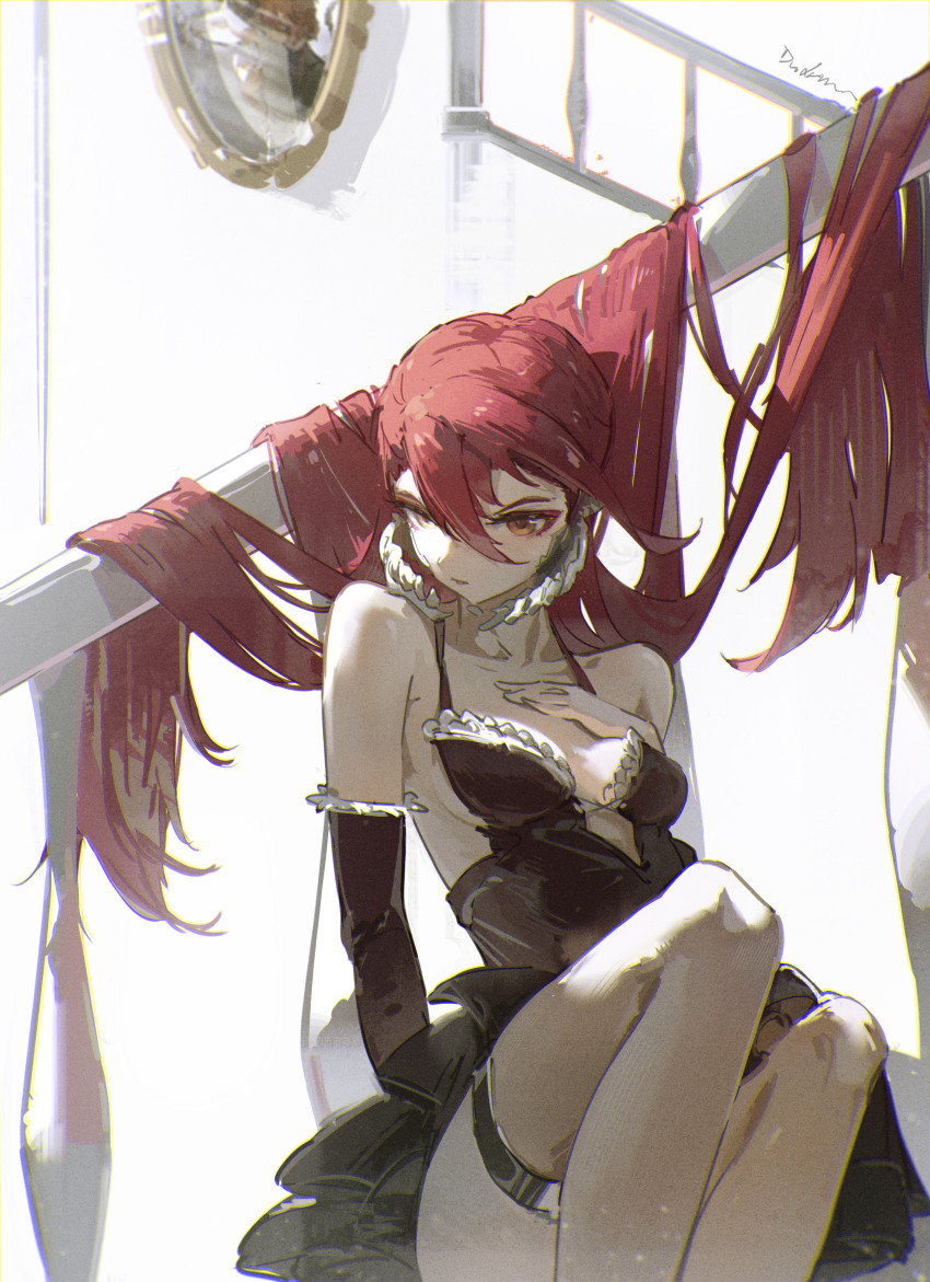1girl absurdres acrobatic_silky_(dandadan) black_dress breasts collarbone cowboy_shot dandadan detached_sleeves dress dudrinm hair_between_eyes highres long_hair looking_at_viewer medium_breasts official_alternate_hairstyle parted_lips pink_hair red_eyes shiratori_aira_(dandadan) sidelocks simple_background sitting solo thighhighs very_long_hair white_background