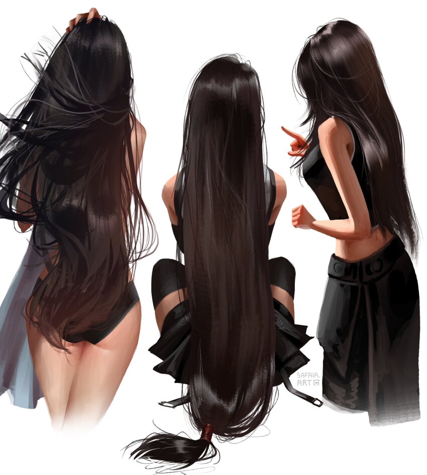 1girl apron artist_name ass bare_shoulders bikini black_apron black_panties black_shirt black_skirt black_thighhighs black_vest breasts brown_hair commentary crop_top cropped_legs english_commentary final_fantasy final_fantasy_vii final_fantasy_vii_advent_children final_fantasy_vii_remake from_behind hand_on_own_head highres index_finger_raised large_breasts long_hair low-tied_long_hair midriff multiple_views panties safaia shirt simple_background sitting skirt sleeveless swimsuit tank_top thighhighs tifa_lockhart underwear very_long_hair vest waist_apron white_background white_tank_top