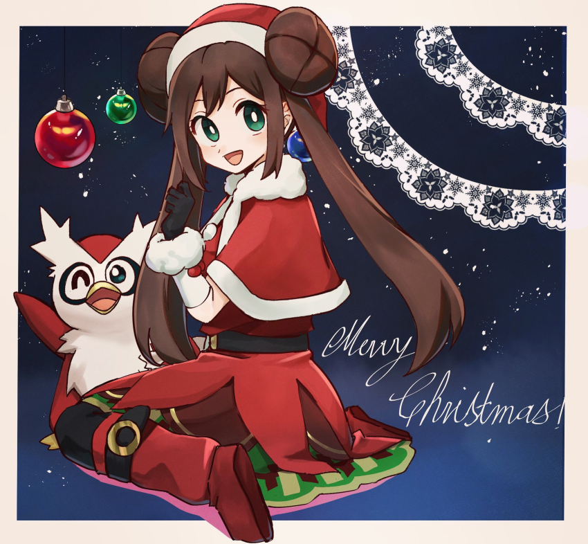 1girl :d black_gloves border bright_pupils brown_hair capelet christmas commentary_request delibird gen_2_pokemon gloves green_eyes hand_up happy hat highres long_hair loose_socks merry_christmas nintendo official_alternate_costume open_mouth pokemon pokemon_(creature) pokemon_masters_ex red_capelet red_footwear red_hat rosa_(holiday_2019)_(pokemon) rosa_(pokemon) santa_hat shoes sidelocks sitting smile socks tongue twintails watta02614129 white_border white_pupils