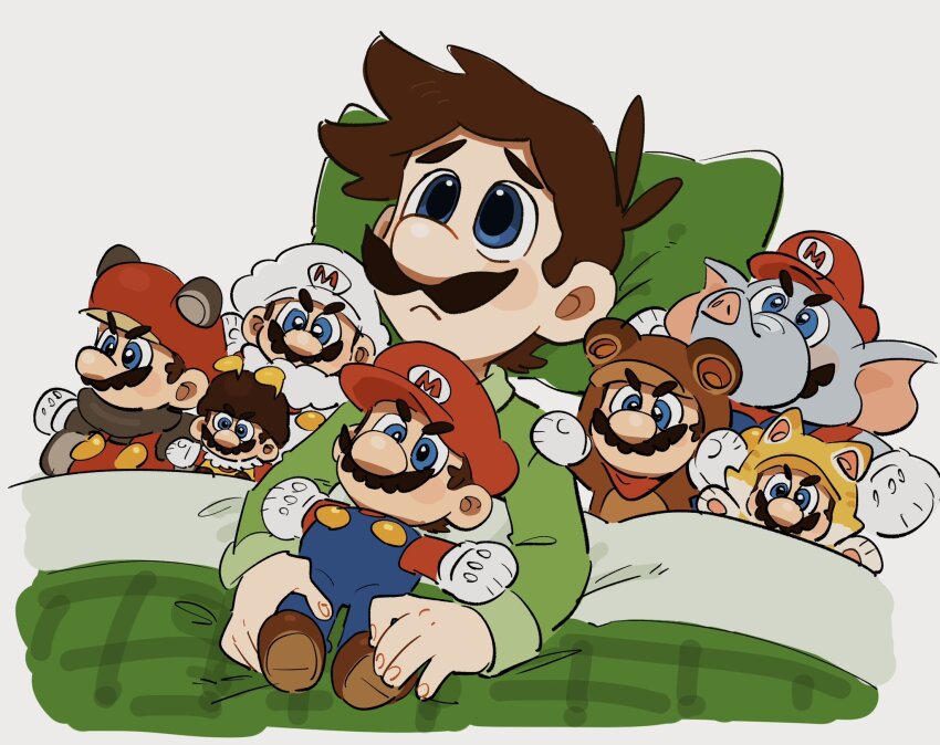 1boy bed bee_mario blue_eyes brown_hair cat_mario character_doll closed_mouth cloud_mario elephant_mario facial_hair flying_squirrel_mario frown green_pajamas green_shirt highres long_sleeves luigi lying male_focus mario mario_(series) mimimi_(mimimim9999) mustache nintendo on_back pajamas pillow raised_eyebrows shirt short_hair simple_background solo stuffed_toy super_mario_3d_land super_mario_3d_world super_mario_bros._wonder super_mario_galaxy super_mario_galaxy_2 tanuki_mario under_covers white_background