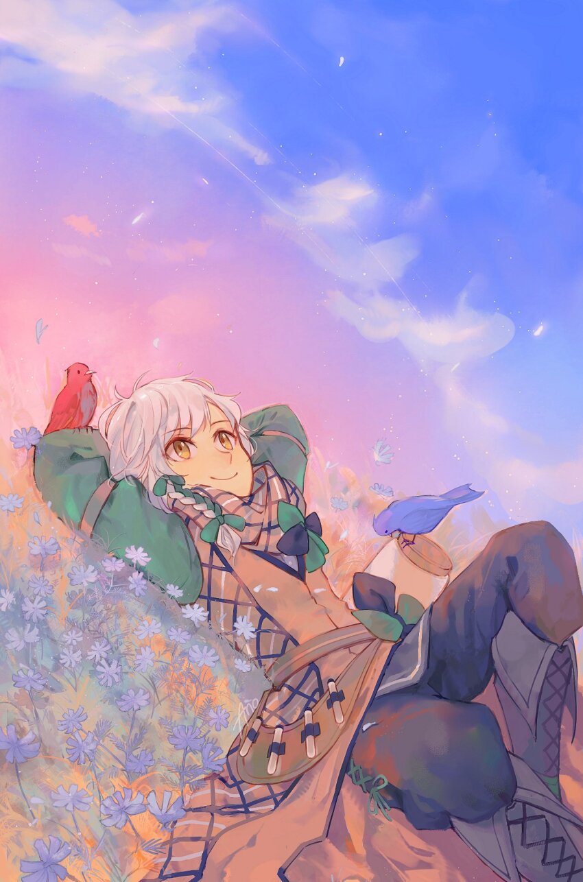 anocurry bird blonde_hair blue_bird brown_scarf clanne_(fire_emblem) closed_mouth fire_emblem fire_emblem_engage green_hair highres lying multicolored_hair nintendo on_back on_grass red_bird scarf smile split-color_hair yellow_eyes