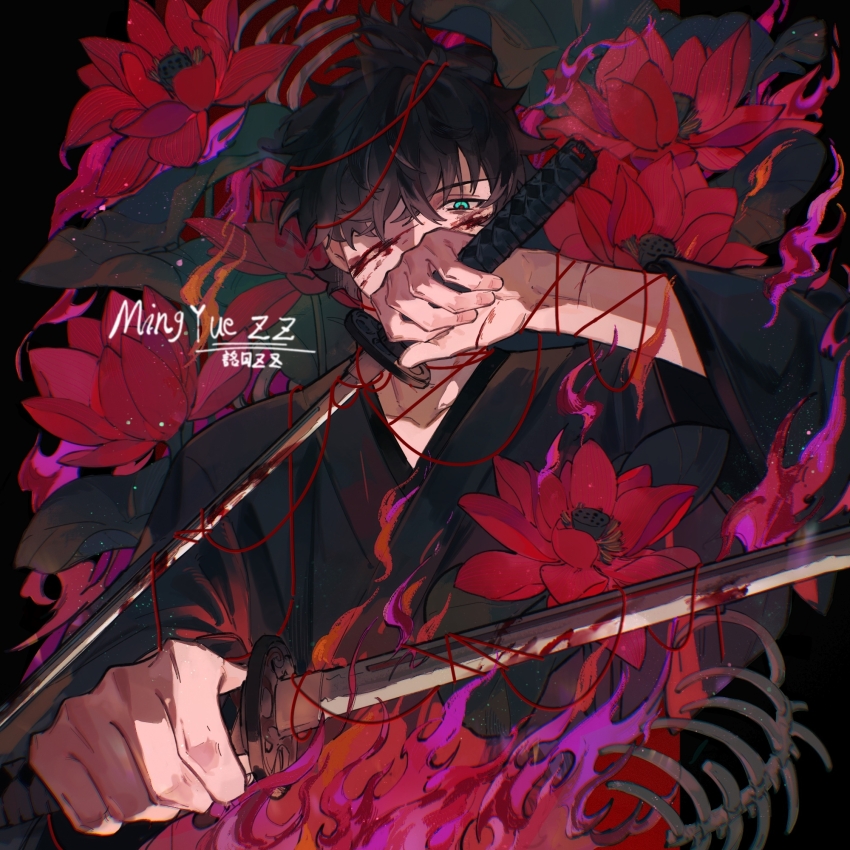 1boy black_background black_hair blood blood_on_face bloody_weapon blue_eyes dual_wielding fate/grand_order fate/samurai_remnant fate_(series) floral_background glaring hair_over_one_eye highres holding holding_sword holding_weapon japanese_clothes katana kimono looking_at_viewer male_focus ming_yue_zz miyamoto_iori_(fate) short_hair solo string string_of_fate sword topknot upper_body weapon