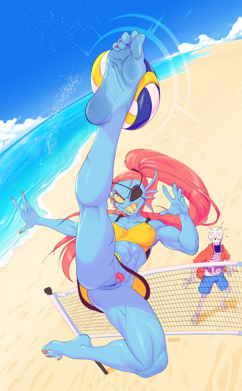 1boy 1girl absurdres artist_name ball barefoot beach bikini blue_skin bottomless breasts cleft_of_venus collarbone colored_skin covered_erect_nipples eyepatch feet female_pubic_hair fins full_body grin highres kneepits large_breasts long_hair monster_girl nail_polish no_panties outdoors papyrus_(undertale) pubic_hair pussy red_hair red_nails sand shore skeleton smile soles solo_focus spread_legs staerk swimsuit teeth thighs toenail_polish toenails toes uncensored undertale undyne volleyball_(object) volleyball_net wide-eyed yellow_bikini