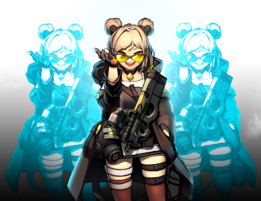 1girl adjusting_eyewear adjusting_glasses buckle bullpup choker coat double_bun gas_mask girls&#039;_frontline gun hair_bun highres hologram horizontal_magazine light_brown_hair looking_over_eyewear looking_over_glasses mask open_mouth p90 p90_(girls&#039;_frontline) personal_defense_weapon red_eyes santansoo see-through_clothes short_hair skindentation smile snap-fit_buckle submachine_gun sunglasses thigh_strap tinted_eyewear translucent weapon yellow-tinted_eyewear yellow-tinted_glasses