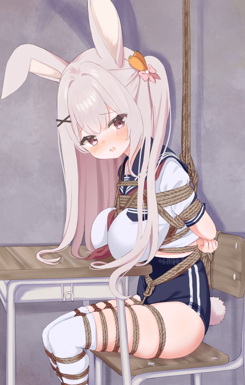 1girl animal_ears arms_behind_back bdsm between_breasts between_legs blue_buruma blush bondage bound bound_arms bound_breasts bound_legs bound_torso breasts buck_teeth buruma carrot_hair_ornament chair clenched_hand crotch_rope desk embarrassed female_focus food-themed_hair_ornament gym_uniform hair_ornament hamuta_(machosbrown) highres huge_breasts indoors large_breasts legs legs_together long_hair looking_ahead looking_to_the_side midriff neckerchief necktie open_mouth original pink_eyes pink_hair ponytail rabbit_ears rabbit_girl rabbit_tail red_neckerchief red_necktie rope sailor_collar sailor_shirt school_chair school_desk shibari shibari_over_clothes shirt short_sleeves side_ponytail sidelocks sitting skin_tight skindentation solo teeth thighhighs thighs tongue white_shirt white_thighhighs worried x_hair_ornament