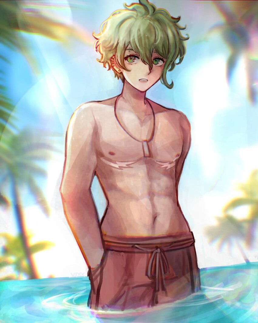 1boy amami_rantaro collarbone danganronpa_(series) danganronpa_v3:_killing_harmony day ear_piercing earrings green_eyes green_hair hair_between_eyes highres jewelry male_focus male_swimwear navel necklace outdoors palm_tree piercing red_male_swimwear short_hair solo stomach topless_male tree vixx_(vixiolatte) wading water