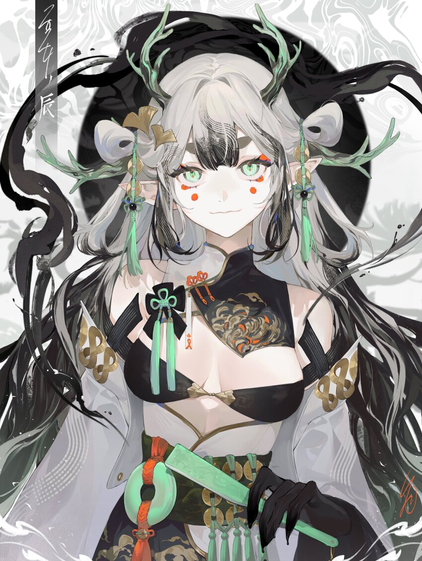 1girl :3 absurdres antlers black_gloves black_smoke black_streaks blunt_bangs bra breasts chinese_text cleavage clothing_request colored_tips corset detached_sleeves facial_mark gloves green_eyes hair_between_eyes head_tilt highres holding horns looking_at_viewer multicolored_hair original pointy_ears sidelocks solo stomach sun_behind_head tassel translation_request twintails underwear white_hair yoimon