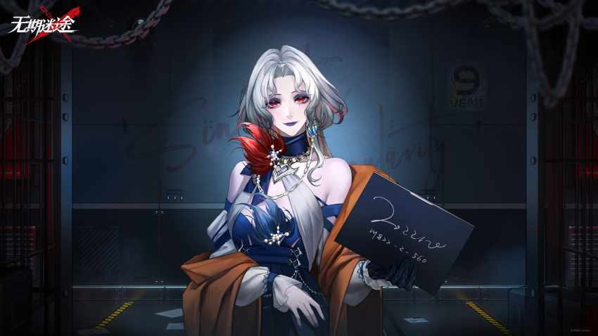 1girl absurdres against_wall bare_shoulders black_gloves blue_dress blue_eyeshadow blue_lips blue_nails cassia_(path_to_nowhere) chain character_name closed_mouth copyright_name dress earrings eyeshadow gloves hands_up highres holding holding_sign indoors jacket jewelry logo long_hair looking_at_viewer makeup mole mole_under_eye mugshot necklace off-shoulder_dress off_shoulder official_art official_wallpaper orange_jacket parted_bangs path_to_nowhere prison_cell prison_clothes red_eyes sign single_earring single_glove smile solo straight-on upper_body white_hair