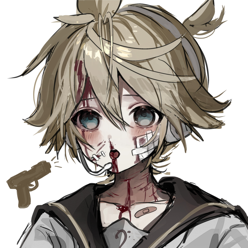 1boy absurdres bags_under_eyes bandaid bandaid_on_chest bass_clef bishounen black_sailor_collar bleeding blonde_hair blood blood_from_forehead blood_from_mouth blood_from_neck blood_in_hair bloody_tears blue_eyes blush cuts gauze gauze_on_cheek gun hair_between_eyes handgun headphones headset high_ponytail highres injury kagamine_len len_02 looking_ahead male_focus nosebleed notice_lines open_mouth ponytail print_shirt reverse_ryona sailor_collar shirt short_hair short_ponytail sidelocks simple_background solo stitched_face stitches upper_body vocaloid weapon weapon_request white_background white_shirt yellow_trim
