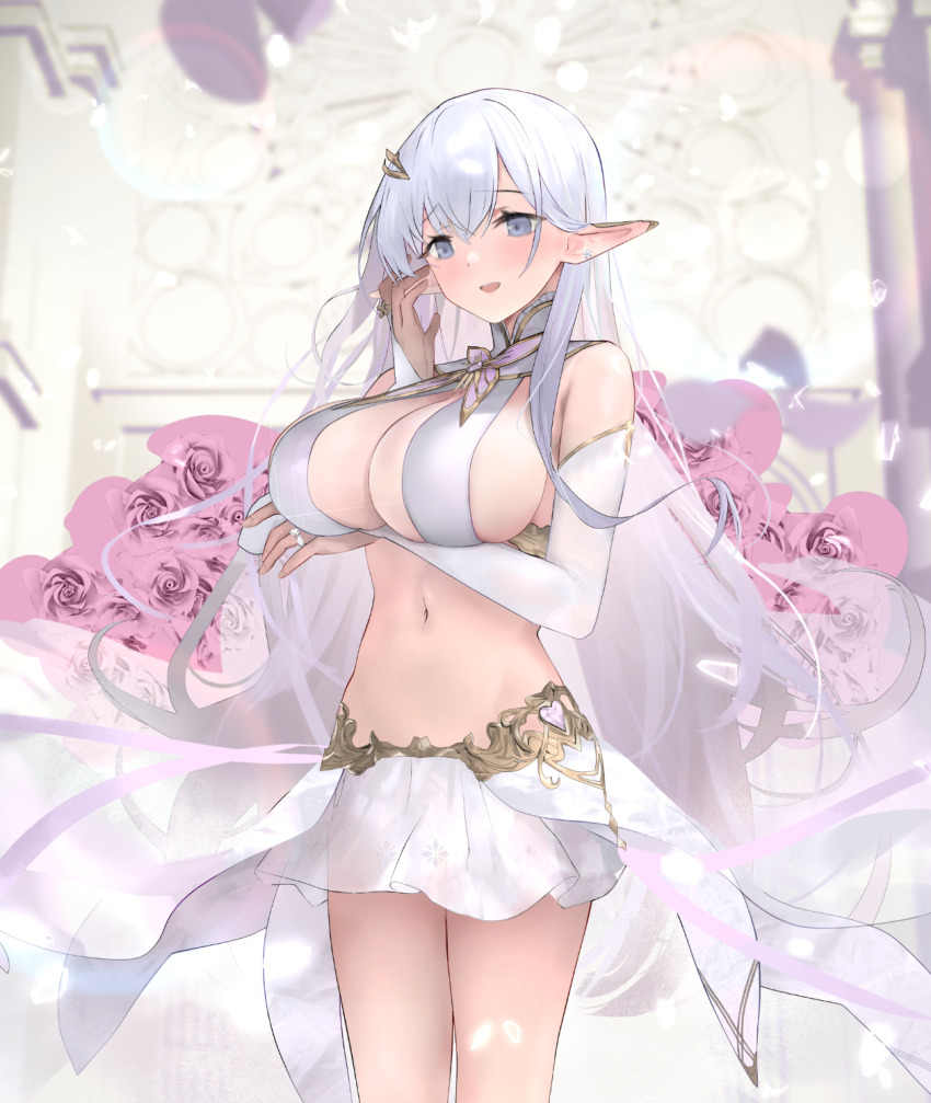 1girl albion_(azur_lane) arm_under_breasts azur_lane bare_shoulders bii_bii_(bronzeii002) blue_eyes blush breasts bridal_gauntlets center_opening cowboy_shot elbow_gloves elf flower gloves gold_trim hair_ornament highres jewelry large_breasts long_hair looking_at_viewer miniskirt navel open_mouth pink_flower pink_rose pointy_ears revealing_clothes ring rose see-through_clothes skirt solo standing stomach very_long_hair wedding_ring white_gloves white_hair white_skirt